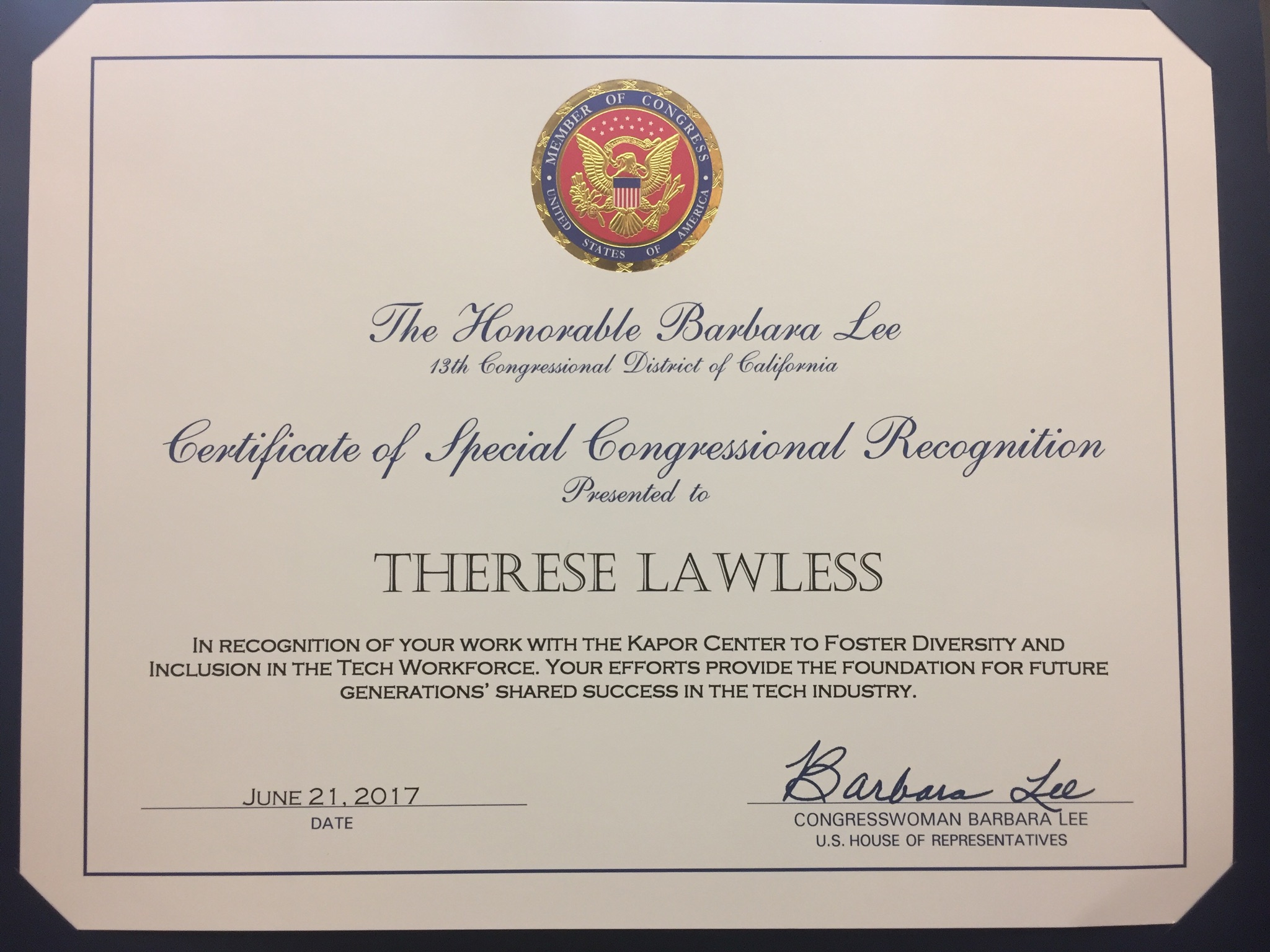 Certificate of Special Congressional Recognition